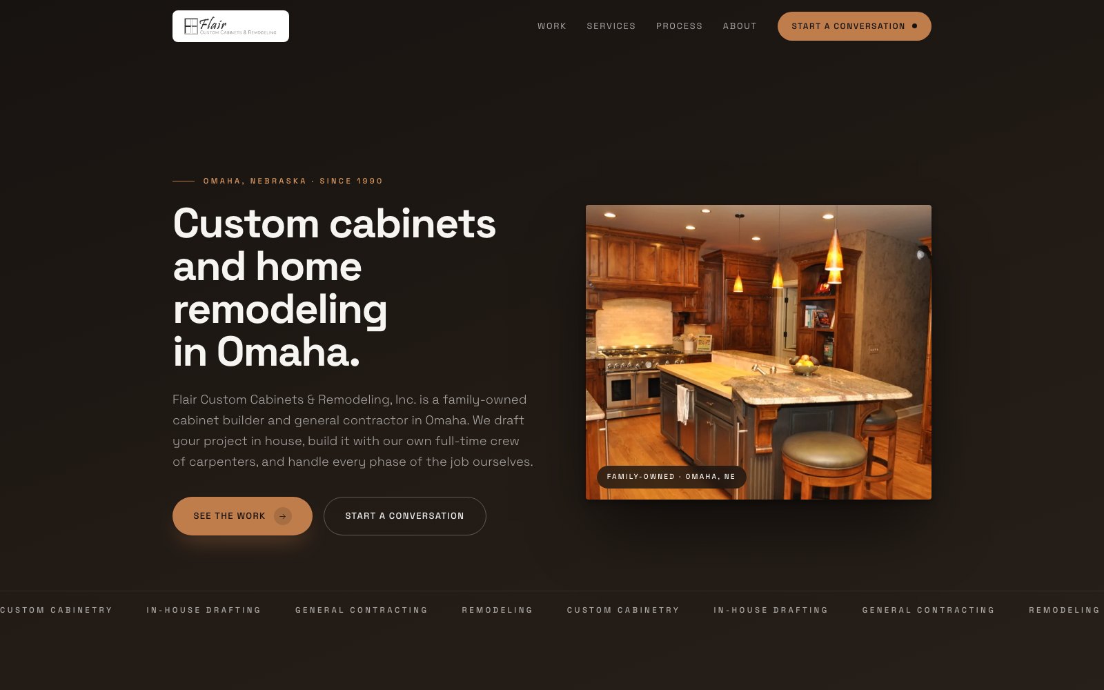The new Flair Custom Cabinets homepage concept