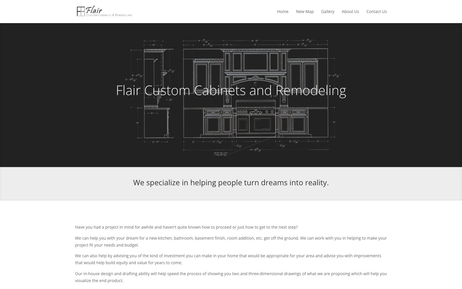The current flaircustomcabinets.com homepage